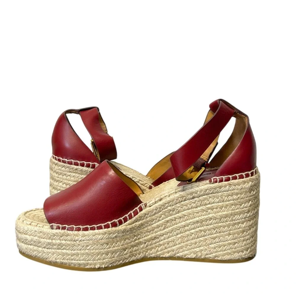 & Other Stories Red Leather Platform Espadrille Wedge Sandals - Size 38‎ / US 8